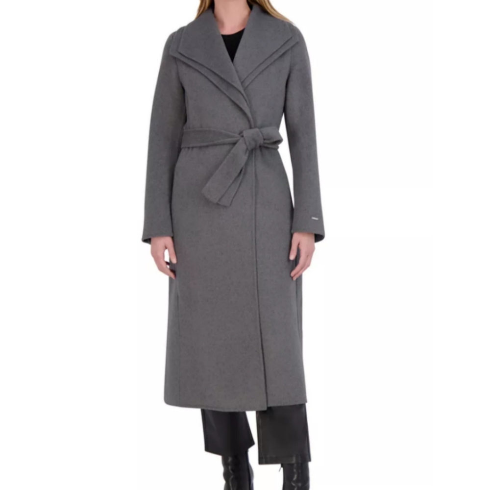 Tahari Minimalist Gray Wool Blend Belted Wing-Collar Wrap Coat